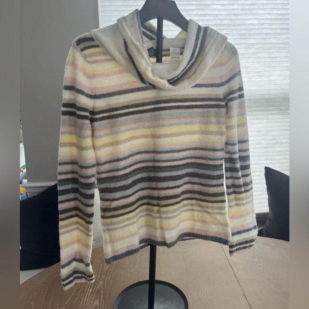 New York & Company Multicolor Striped Cowl Neck Sweater